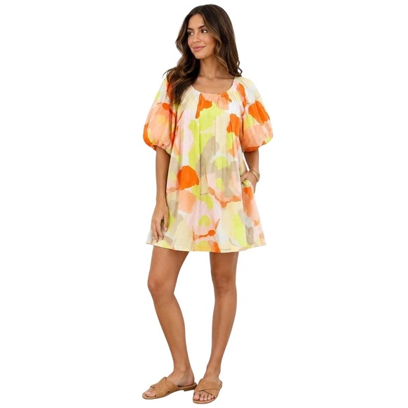 Every Dresses & Skirts - Every Abstract Floral Linen Blend Puff Sleeve Mini Dress M Boho Retro Coastal